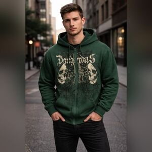 ROMWE Skull Graphic Hoodie Green Zip Up Goth Punk Size L